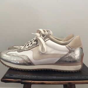 Dolce Vita Cream and Metallic Silver Lace-Up Sneakers